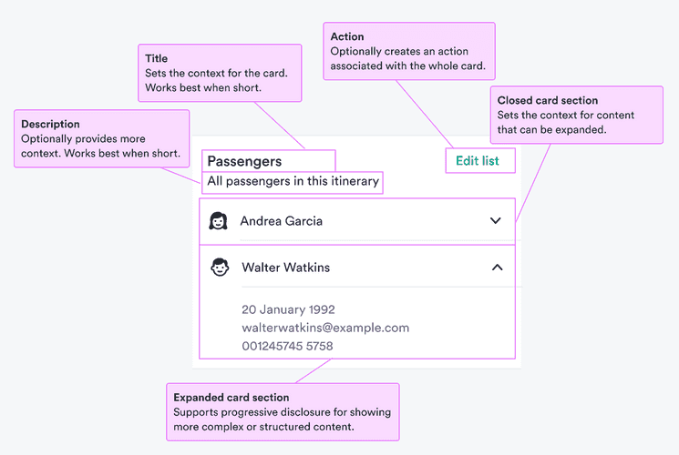 Title: sets the context for the card and works best when short; action: creates an action associated with the whole card; closed card sections: sets the context for content that can be expanded; expanded card section: supports progressive disclosure for showing more complex or structured content.